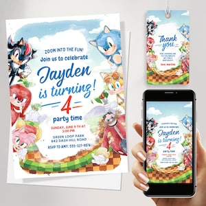Sonic the hedgehog Birthday Invitation, Sonic Invitation, Sonic Birthday Party Card Invitation,Digital Download Canva Template thank you tag