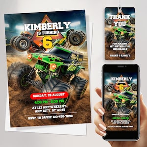 Editable Monster Truck birthday invitation for boys with FREE Thank You Tags & Phone Invitation Customizable Canva Template