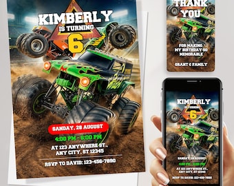 Editable Monster Truck birthday invitation for boys with FREE Thank You Tags & Phone Invitation Customizable Canva Template