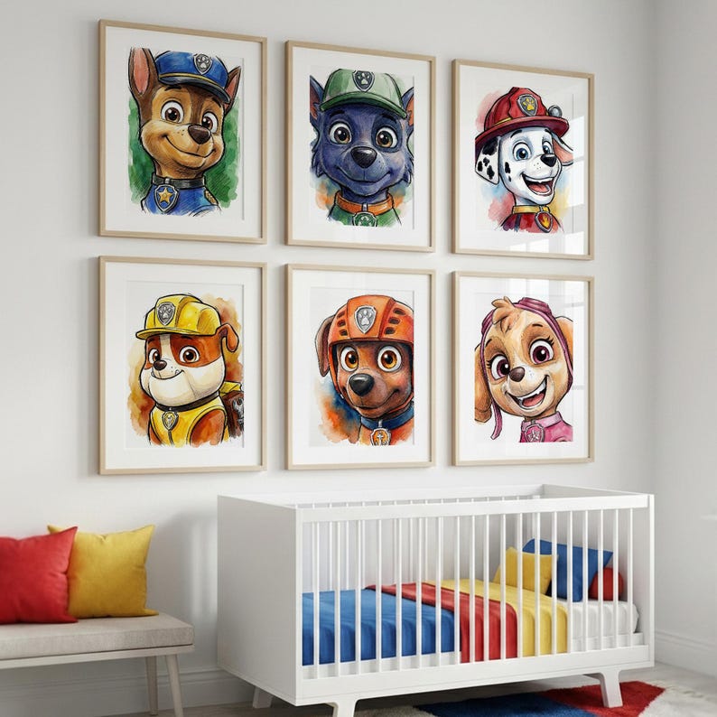A nursery with a white crib and a bench. Above the crib are six framed illustrations of cartoon dogs, including a police dog, a wolf dog, a pups dog, a yellow dog, a brown dog, and a pink dog.