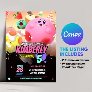 Zaproszenie na urodziny Kirby, Zaproszenie Kirby, Karta zaproszenia na przyjęcie urodzinowe Kirby - Kirby Digital Invitation, Zaproszenie na urodziny dla dzieci