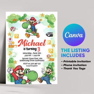 Super Mario & Yoshi Geburtstagseinladung | Bearbeitbar in Canva | Digitales Kind einladen | Druckbare Videospiel Evite Canva Vorlage