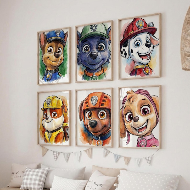 A wall with six framed illustrations of cartoon animal characters, including a police dog, a wolf, a Dalmatian, a brown dog, a yellow dog, and a pink dog.