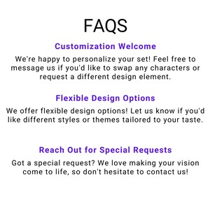May include: White background with the word "FAQS" in black. Below, text in purple and black explains customization, flexible design options, and special requests. The text encourages customers to contact the seller.