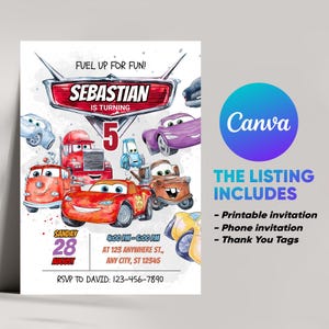 Cars Birthday Invitation | Lightning McQueen Invitation, Kids Birthday Invitation | Editable Personalized Canva Printable Digital Invitation