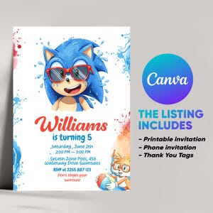 Editable Sonic Pool Party Birthday Invitation for Boys with FREE Thank You Tags & Phone Invite | Canva Template Digital Download
