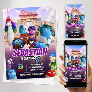 Inside Out 3 birthday invitation with FREE Thank You Tags & Phone Invitation Customizable Canva Template