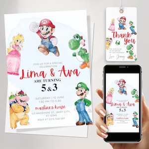 Modelo de convite de aniversário do Super Mario editável no Canva | Convite digital infantil | Modelo de convite de videogame para impressão e download | Canva