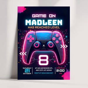 video games invite, video game invites, game invitation, gaming invite, gaming invitations Video Game Party Invitation Blue Neon Glow Invite