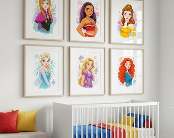 May include: Six framed watercolor prints of animated princesses, including Anna, Elsa, Moana, Belle, Rapunzel, and Merida. The portraits feature the characters with their signature hairstyles and outfits, displayed on a white wall above a white crib.