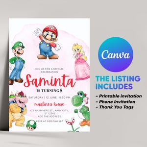 Convite de aniversário dos irmãos Super Mario | Editável no Canva | Convite digital infantil | Modelo de convite de videogame para impressão e download | Canva
