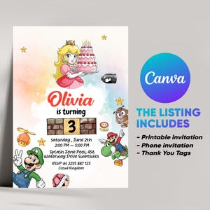Aquarell Prinzessin Pfirsich Geburtstagseinladung | Prinzessin Peach mit Kuchen Einladung | Digital Super Mario Invite Canva Template download