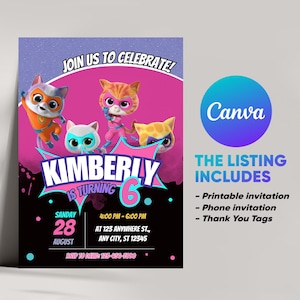Convite de aniversário Super Kitties • Convite editável para festa de menina • Cartão digital Super Kitty • Convite para impressão com download instantâneo