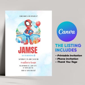 Invito alla festa in piscina di Spiderman / Invito di compleanno di Spidey e i suoi fantastici amici / Modello Canva modificabile per il 3° o 4° compleanno di un bambino