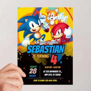 Sonic verjaardagsuitnodiging voor jongens met GRATIS bedankkaartjes, telefoonversie, Sonic the Hedgehog-uitnodigingcanvasjabloon, Sonic Mania-uitnodiging