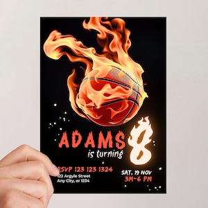 Modèle d'invitation de basket-ball modifiable, gravure d'invitation d'anniversaire de basket-ball, invitation de basket-ball de garçons, fête à thème imprimable de basket-ball