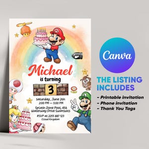 Aquarell Super Mario Geburtstagseinladung | Bearbeitbar in Canva | Digitales Kind einladen | Druckbare Videospiel Evite Canva Vorlage