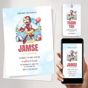 編集可能なアイアンマンの誕生日プールパーティー招待状、アイアンマンのプールパーティー招待状、アイアンマンとスパイダーマンと仲間たちのプールパーティー招待状
