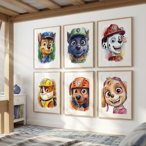 May include: Six framed watercolour prints featuring characters from the Paw Patrol animated series. Each print showcases a different character, including Chase, Marshall, and Skye, in vibrant colours. The prints are displayed on a white wall.