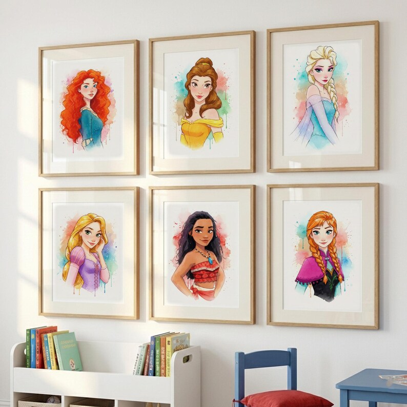 May include: Six framed watercolor prints of Disney princesses. Each portrait features a different princess with vibrant colors and a watercolor effect. The frames are a light wood color, and the artwork is displayed on a white wall.