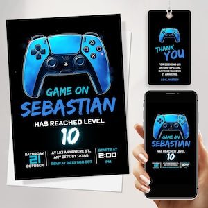 Blaue Gamer-Geburtstagseinladung | Game On Level 10 Video Game Party Evite für Jungen | Bearbeitbare Canva Vorlage zum 10