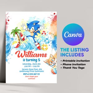 Editable Sonic Pool Party Invitation with FREE Thank You Tag & Phone Version | Boys Birthday Canva Template | Instant Digital Download