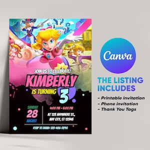 Princess Peach-verjaardagsuitnodiging voor meisjes met GRATIS bedankkaartjes, canvassjabloon Princess Peach, uitnodiging Showtime