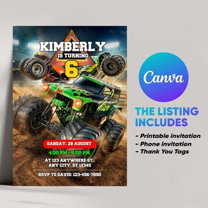 Bewerkbare Monster Truck-verjaardagsuitnodiging voor jongens met GRATIS bedanktags en telefoonuitnodiging aanpasbare canva-sjabloon