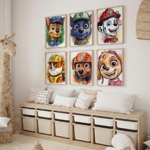 A wall with six framed illustrations of cartoon animal characters, including a dog, a cat, and a giraffe, arranged in a grid pattern.