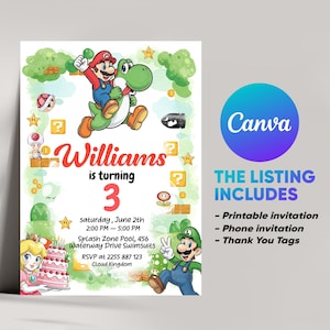 Super Mario & Yoshi Geburtstagseinladung | Bearbeitbar in Canva | Digitales Kind einladen | Druckbare Videospiel Evite Canva Vorlage