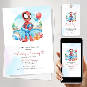 Convite editável para festa de aniversário na piscina do Spidey e seus amigos incríveis, convite para festa na piscina do Spidey, convite para meninos da festa na piscina do Spidey