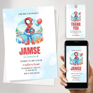 Invito alla festa in piscina di Spiderman / Invito di compleanno di Spidey e i suoi fantastici amici / Modello Canva modificabile per il 3° o 4° compleanno di un bambino