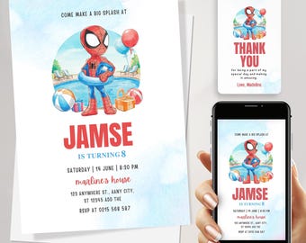 Editable Spidey and his amazing friends birthday pool party invitation ,Spidey pool party invitation, Spidey and friends pool party invite
