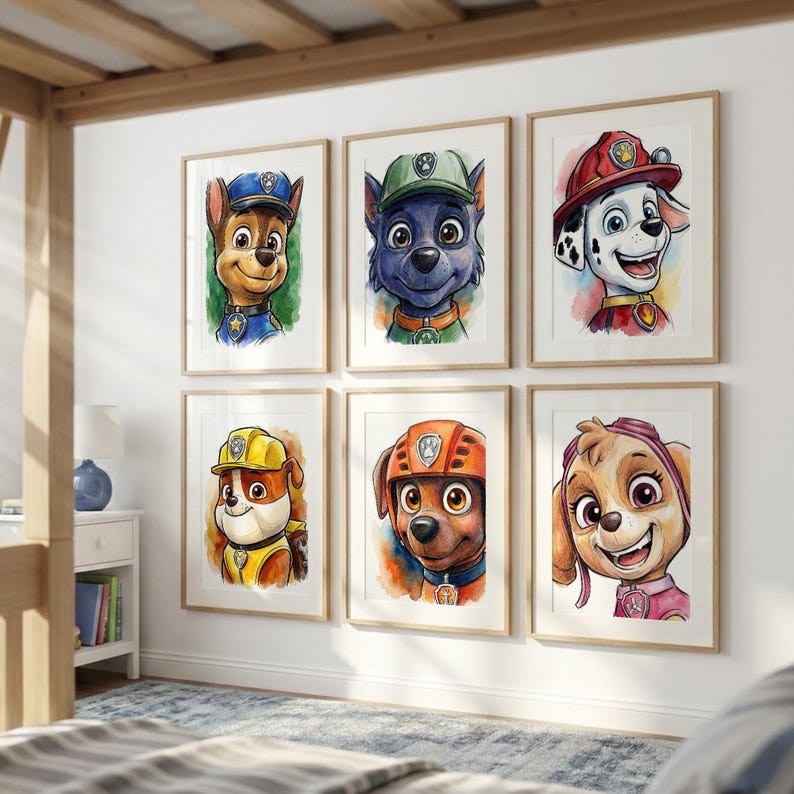 A collage of six framed illustrations of cartoon animal characters from the children's television series Paw Patrol, including a dog, a wolf, a Dalmatian, a dog, a cat, and a dog.