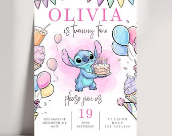 Invito di compleanno a tema Stitch, modello Canva modificabile, invito per festa di Lilo e Stitch rosa, invito di compleanno per bambine, biglietto stampabile 5x7 JPD10