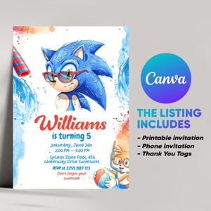 Editable Sonic Pool Party Invitation with FREE Thank You Tag & Phone Version | Boys Birthday Canva Template | Instant Digital Download
