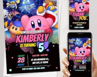 Kirby Birthday Invitation | Digital Party Invite for Kids | Editable Kirby and the Forgotten Land Themed Card | Printable Evite Template