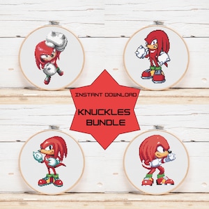 May include: Four pixel art embroidery hoops featuring the character Knuckles from the Sonic the Hedgehog series. Each hoop showcases a different pose of Knuckles, with a red starburst graphic in the center that reads "INSTANT DOWNLOAD" and "KNUCKLES BUNDLE".