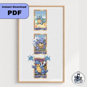 May include: A digital cross stitch pattern PDF featuring three vertical rectangular frames containing pixel art of the characters Squirtle, Wartortle, and Blastoise. Each character is depicted in a distinct environment with their name printed below.