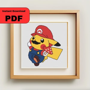 May include: A yellow Pikachu wearing a red and white Mario hat and overalls. The character is in a cartoon style and is looking to the right.