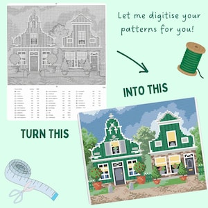 Op de afbeelding: Afbeelding die een kruissteekpatroonconversieproces illustreert. De afbeelding bevat een zwart-wit patroon, een gekleurd kruissteekontwerp, een spoel groen garen, een meetlint en de tekst "Let me digitise your patterns for you!" en "TURN THIS INTO THIS".