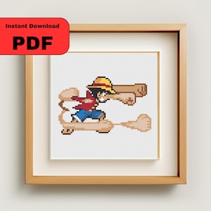 May include: A framed cross-stitch featuring a pixelated character in a red shirt, blue shorts, and a straw hat, mid-action with outstretched arms. The image includes the text "Instant Download PDF" in a red rectangle.