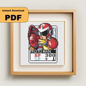 Puede incluir: Un bordado de punto de cruz enmarcado con una imagen pixelada de Proto Man, un personaje de la serie de videojuegos Mega Man. La imagen incluye el texto "PROTO MAN", "BP 300" y "SP + 1". El marco es de color marrón claro y la imagen está etiquetada como "Instant Download PDF".
