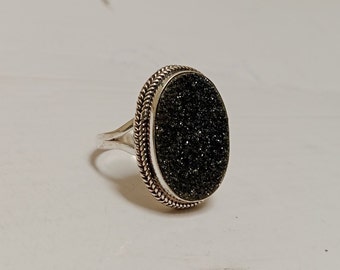 Black Druzy Ring, Natural Gemstone Ring, 925 Sterling Silver Ring For Women, Natural Druzy Gemstone Ring, Christmas Gift, Best Gift For Her