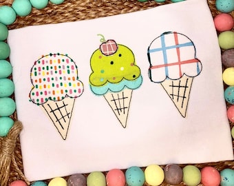 Ice cream Trio Bean Stitch Applique Embroidery Design | Embroidery Machine Quick Stitch Digital File| 4 sizes summer embroidery design