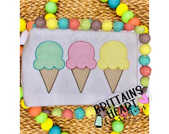 Lot de trois trios de cornets de crème glacée | Remplir Esquisse Point de haricot Contour | motif de broderie de style vintage | Trois croquis d'été de suite