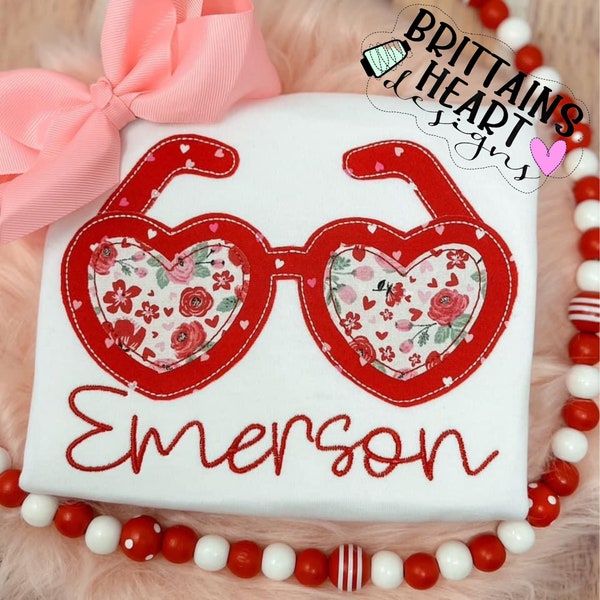 Heart Sunglasses Bean Stitch Applique Machine Embroidery Design 5x7 6x10 8x8 8x12 Digital Download Happy Valentine's Day Spring Summer