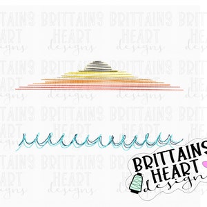 May include: A digital illustration of a rainbow with a blue wavy line underneath. The text "Brittains Heart Designs" is in a white circle with a pink heart and a spool of thread.