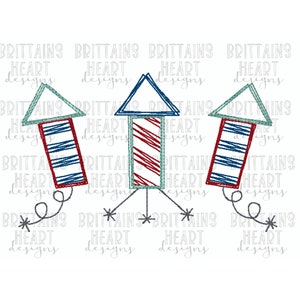 May include: Three red, white, and blue fireworks with a star on each fuse. The fireworks are in a simple, cartoon-like style.