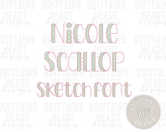 Scallop Sketch Embroidery Font, Heart Bean Stitch (Digital Download)